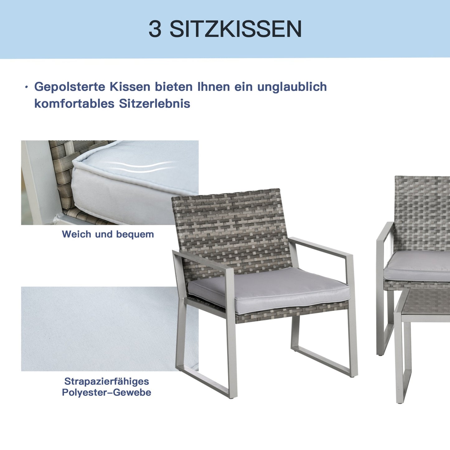 Patio in 4 parts, sofa and cushions, steel and rattan