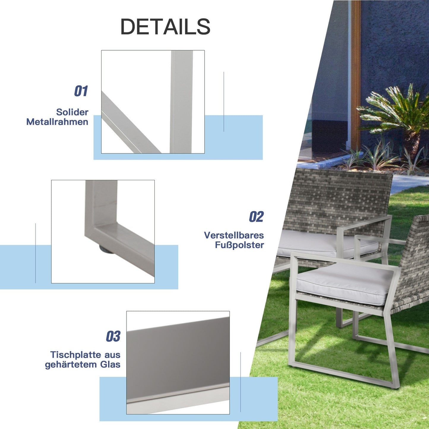 Patio in 4 parts, sofa and cushions, steel and rattan