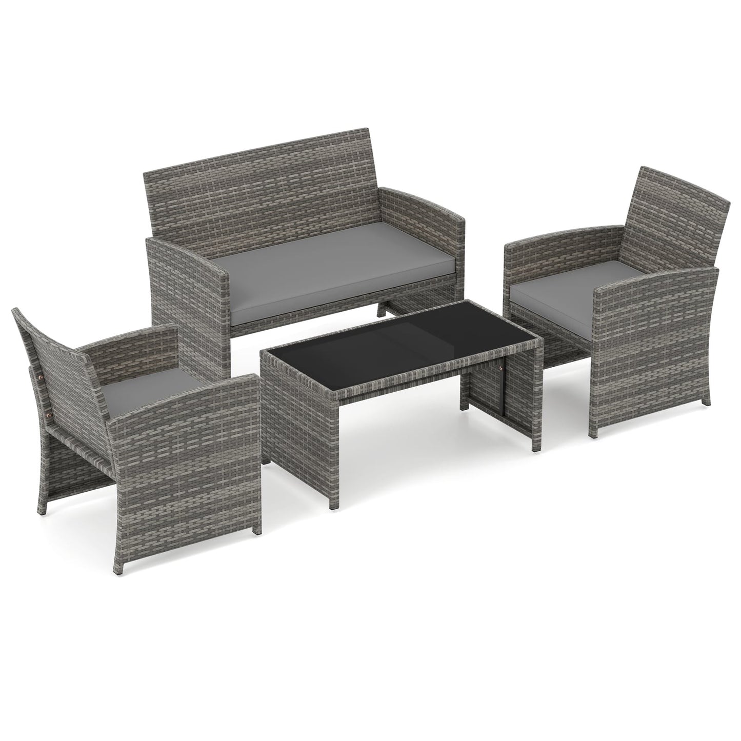 4-Piece Grey Rattan Patio Set with Loveseat & Table