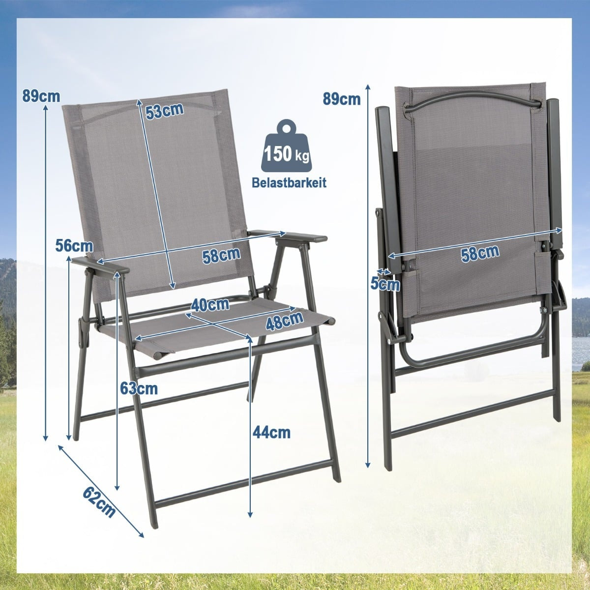 4-Piece Outdoor Folding Chair Set – Grey, High Back