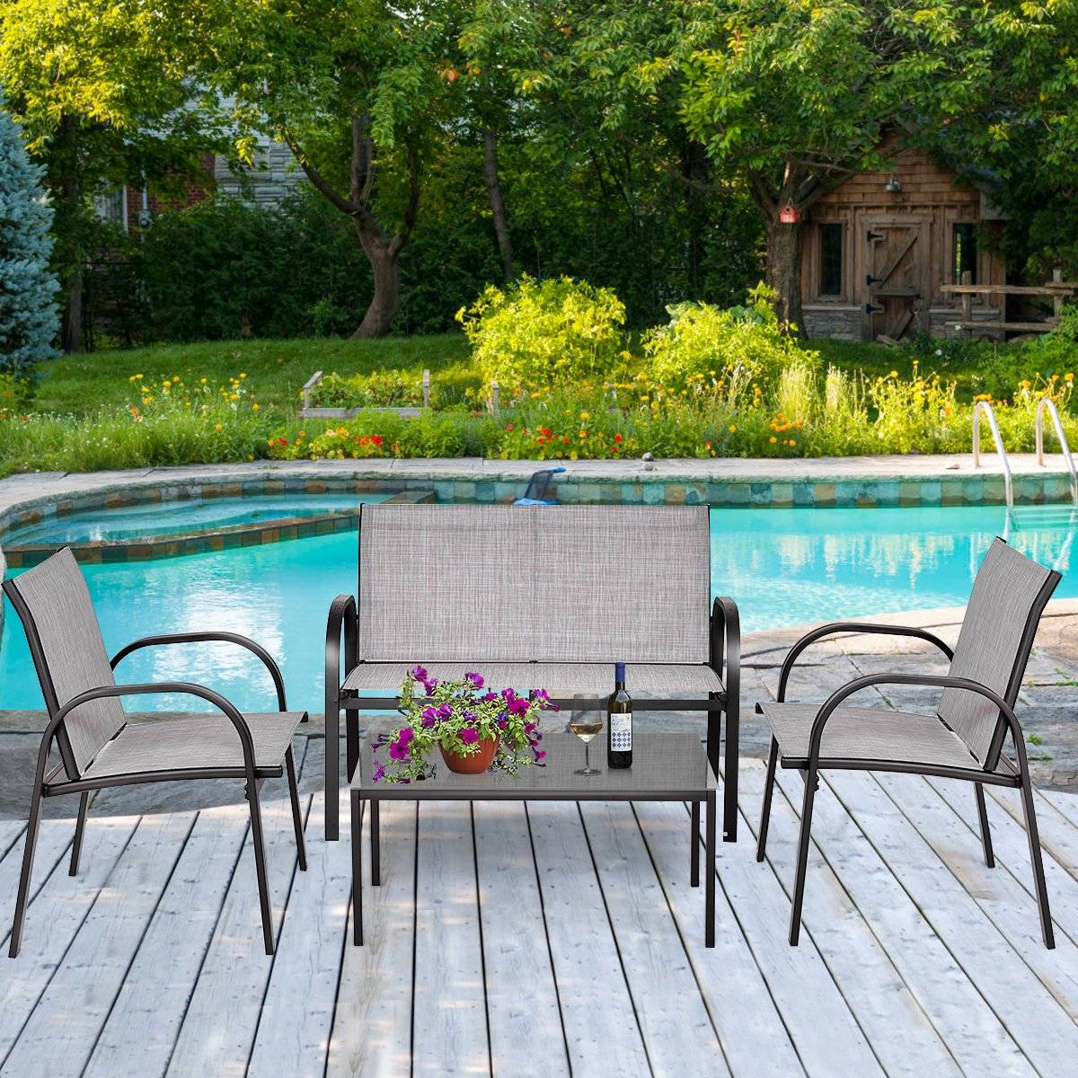 4-Piece Outdoor Furniture Set, Breathable Fabric, Grey