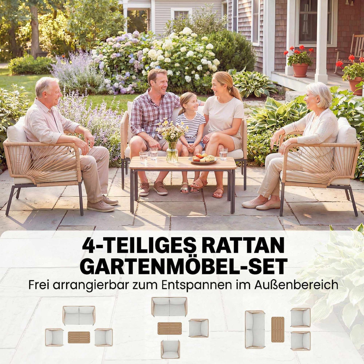 4-Piece Outdoor Furniture Set, Metal & PE Rattan, White