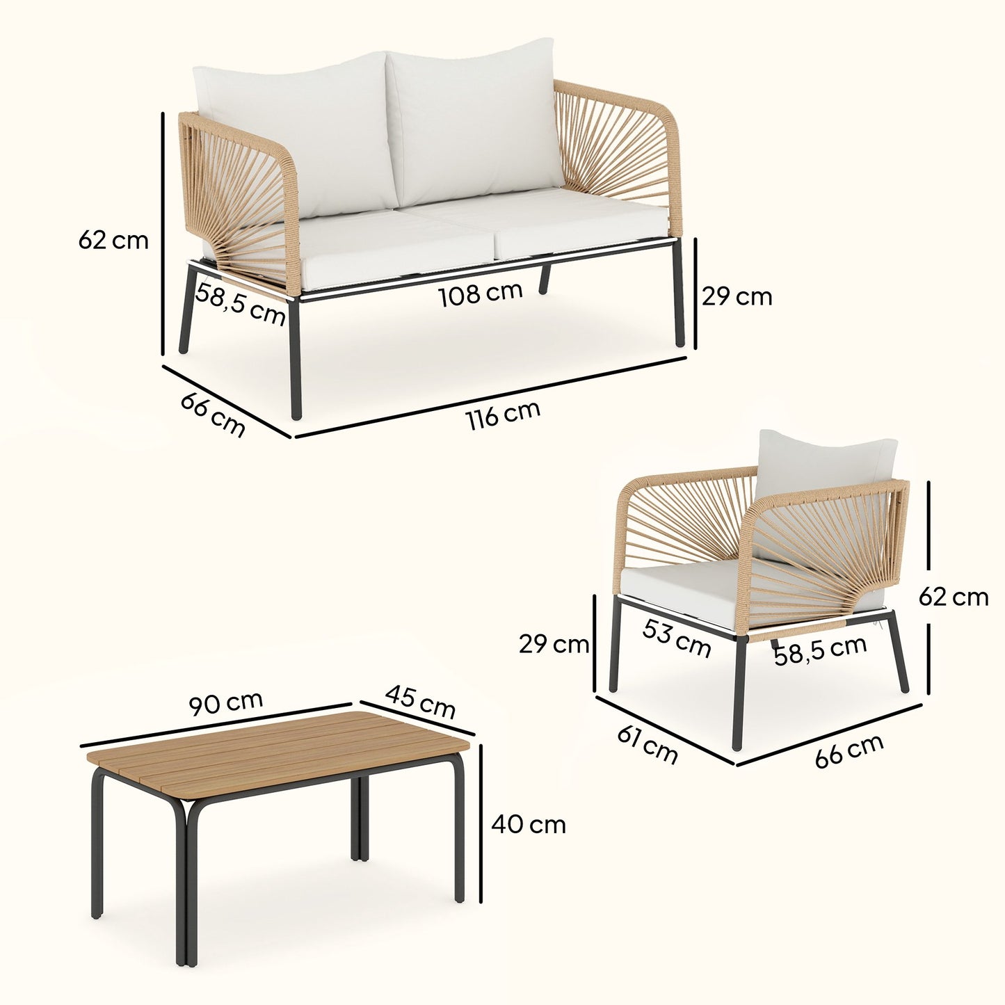 4-Piece Outdoor Furniture Set, Metal & PE Rattan, White