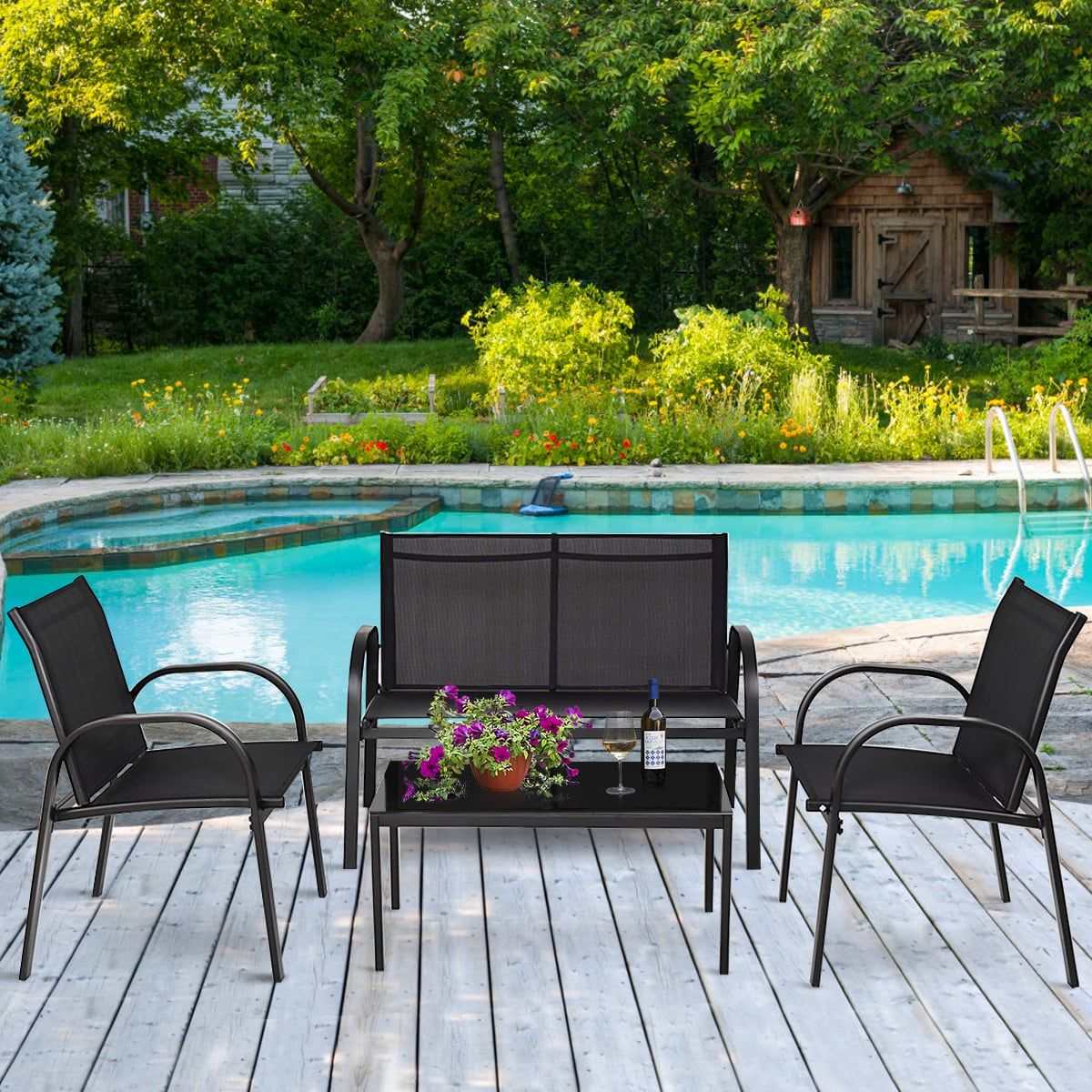 4-Piece Patio Furniture Set, Black, Breathable Fabric
