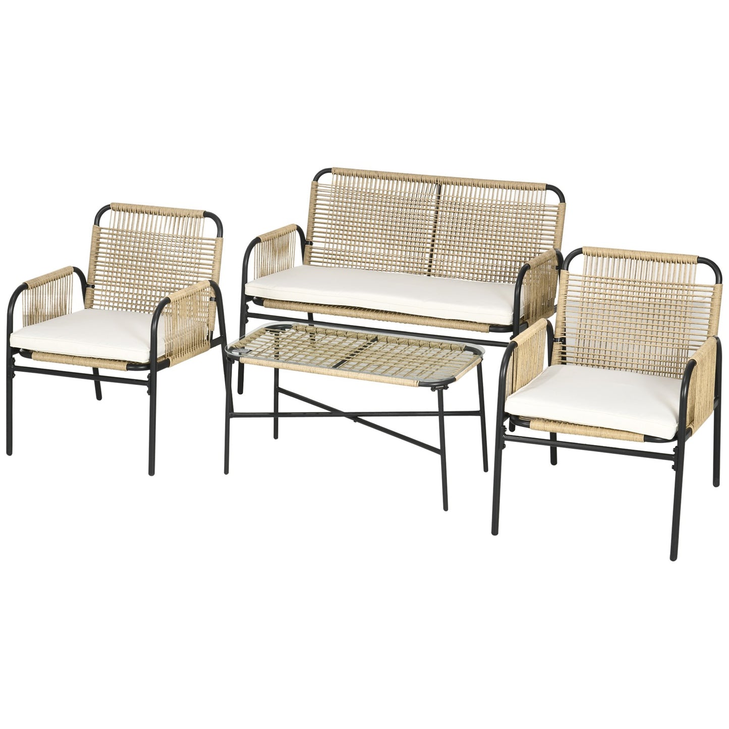 Outdoor furniture in polyrattan, sofa, chairs & table, yellow