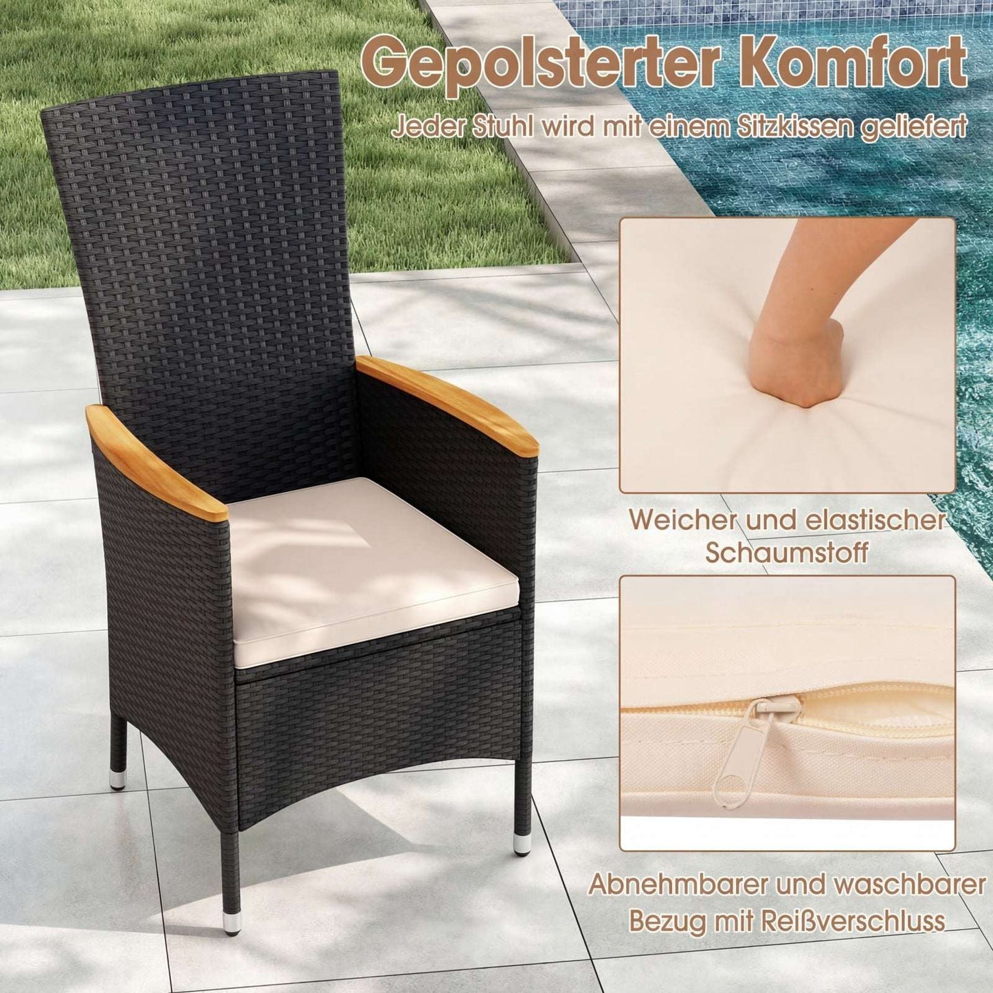 4-Piece Rattan Garden Chairs Set with Cushions, Beige