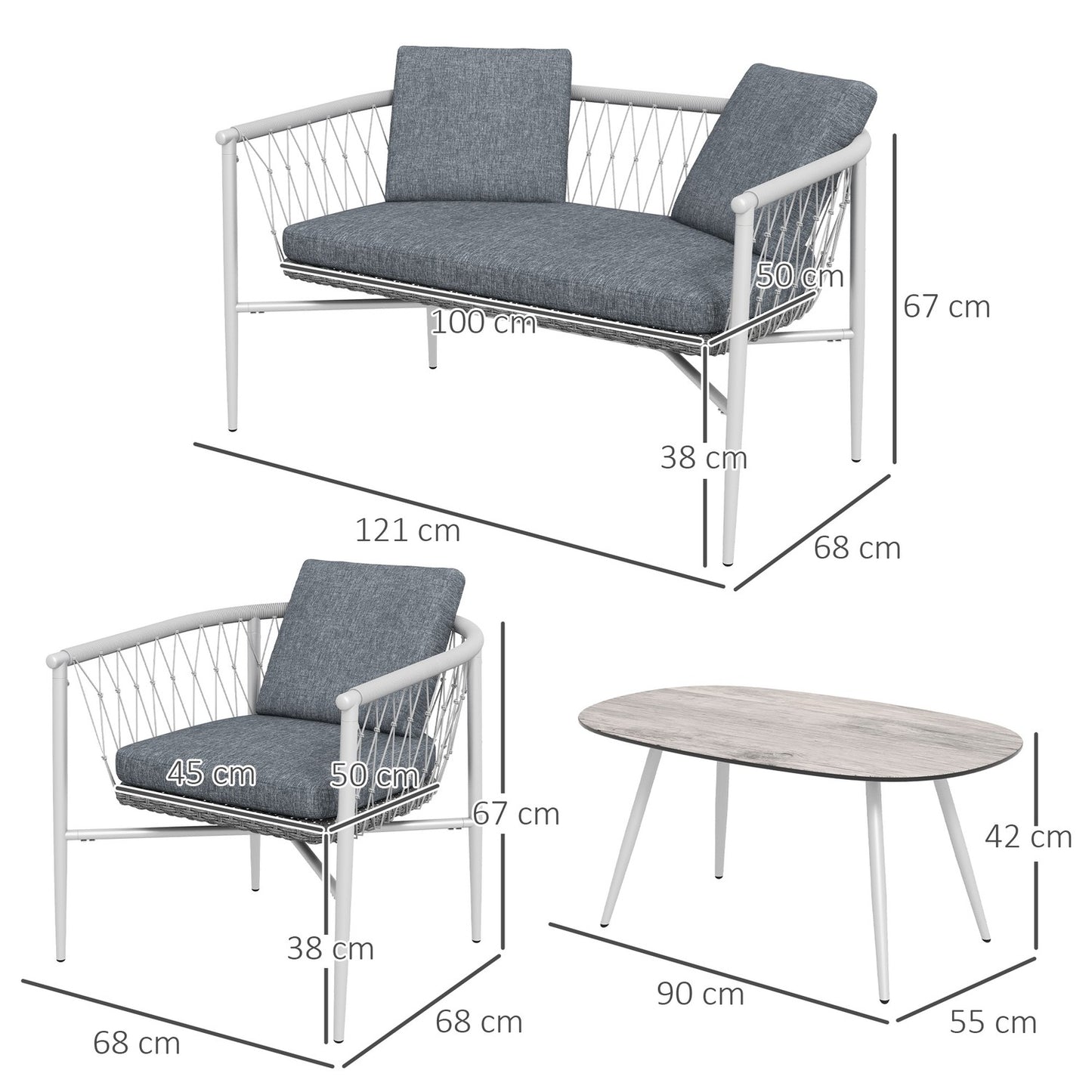 Rattan garden furniture, 4-piece, gray cushions