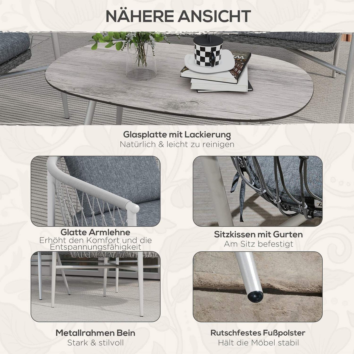 Rattan garden furniture, 4-piece, gray cushions