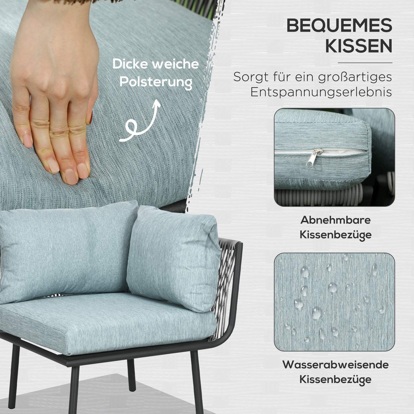 Rattan garden furniture, with cushions, gray - 4 pieces