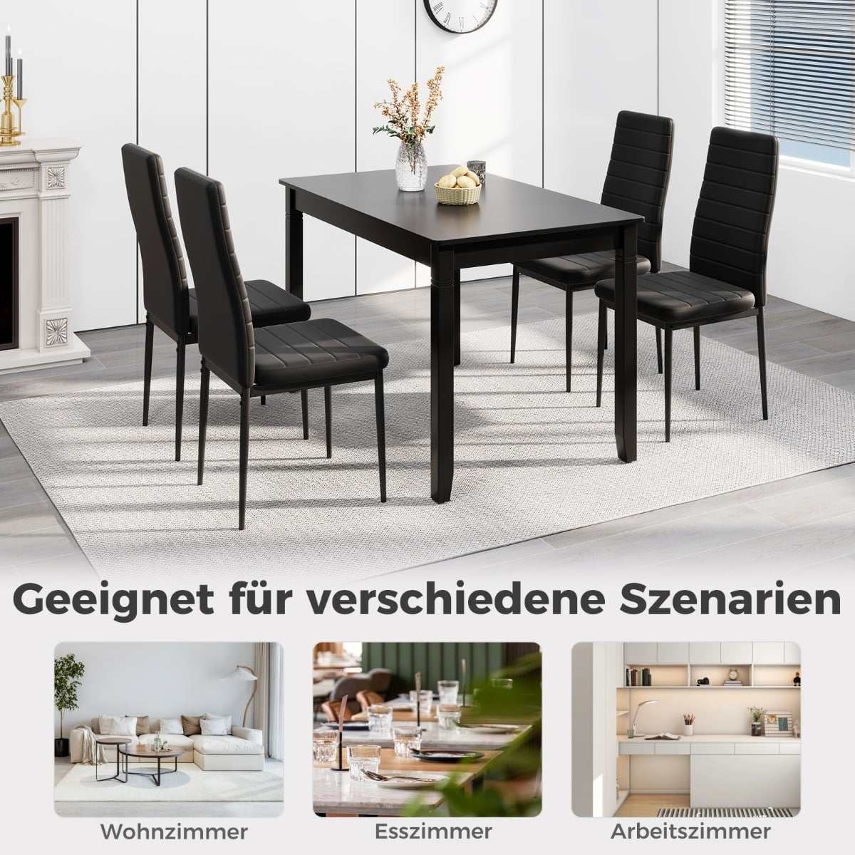 4-Piece Set Dining Chairs, Faux Leather, Armless, Black