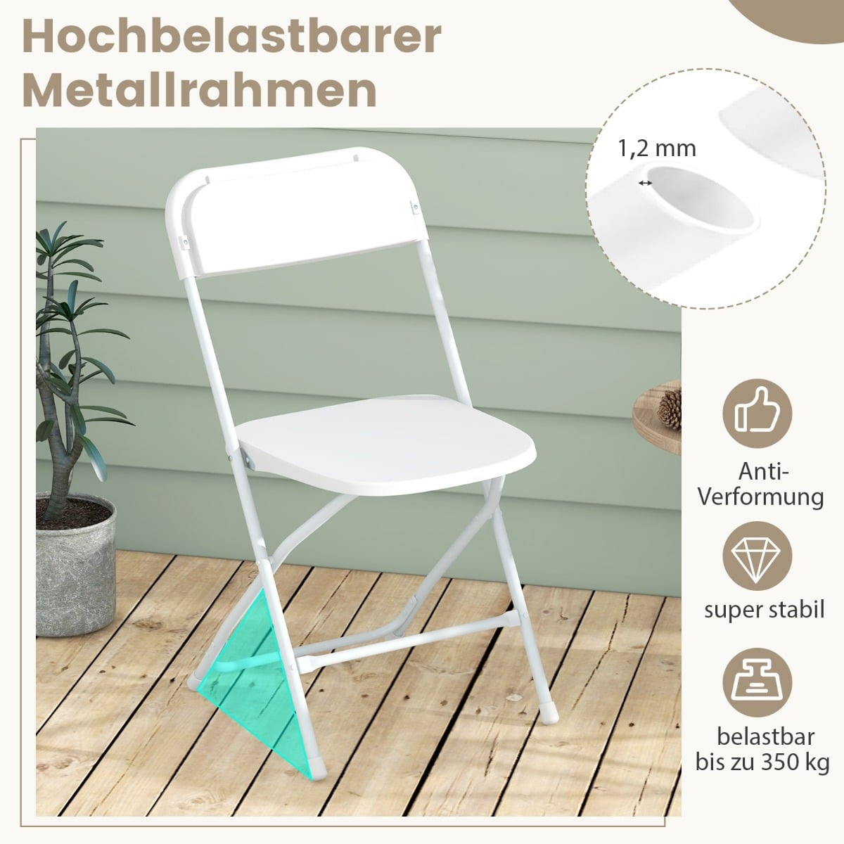 4-Piece White Folding Chairs Set, Metal Frame, PP Seat