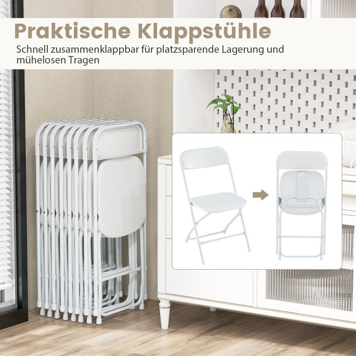 4-Piece White Folding Chairs Set, Metal Frame, PP Seat