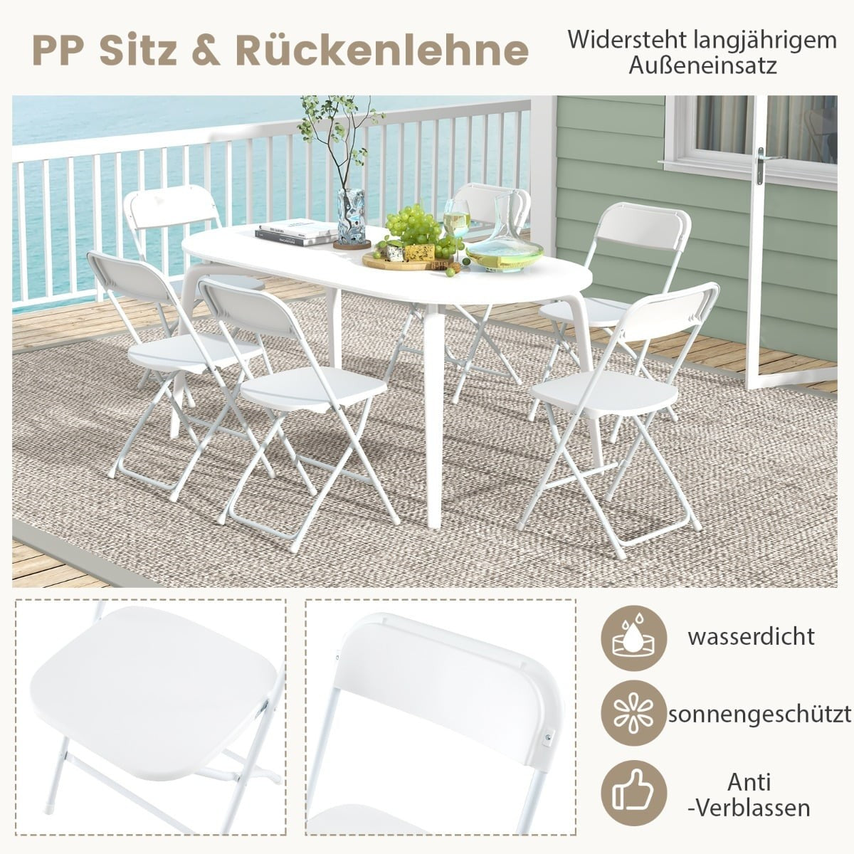4-Piece White Folding Chairs Set, Metal Frame, PP Seat