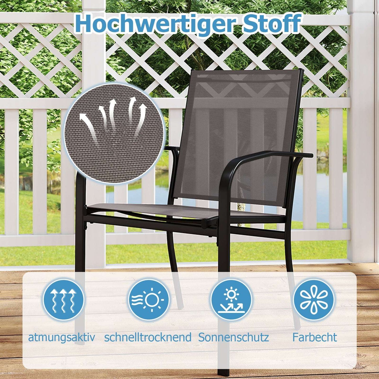 4 Stackable Outdoor Dining Chairs, Breathable Fabric, Gray