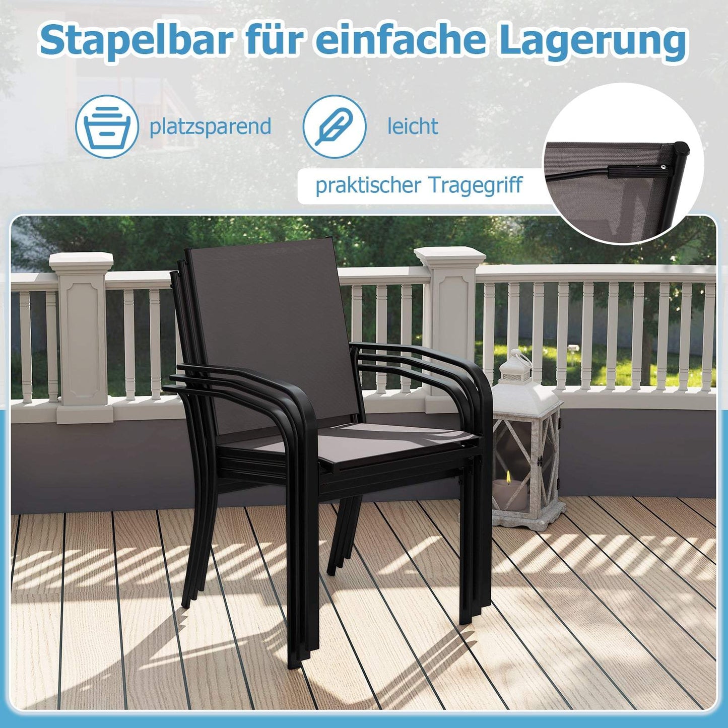 4 Stackable Outdoor Dining Chairs, Breathable Fabric, Gray