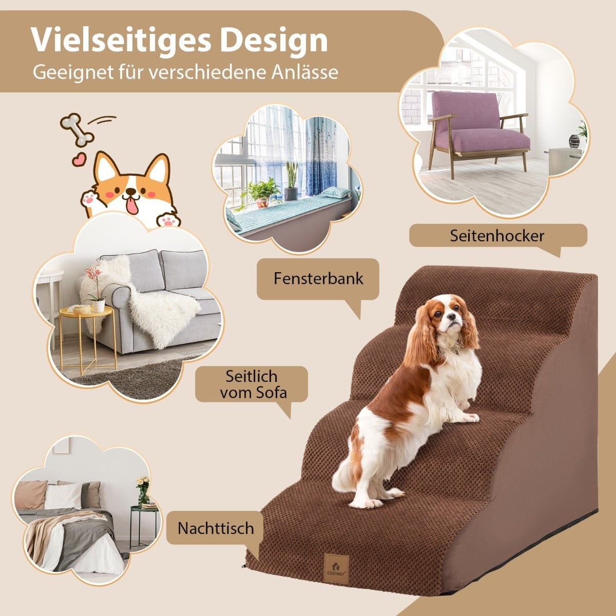 4-Step Foam Dog Ramp, Non-Slip, 72x41x51 cm, Brown