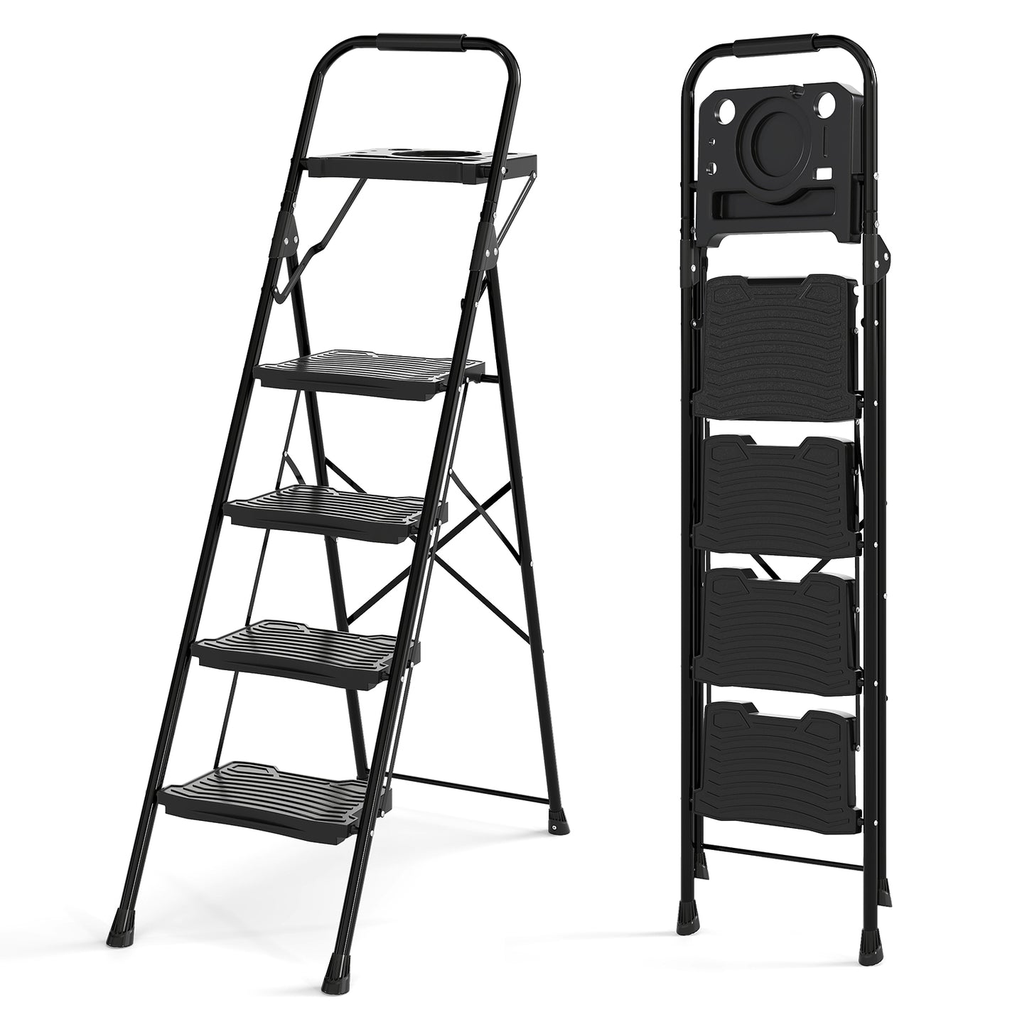 4-Step Folding Ladder with Tool Tray, Non-Slip Pedals