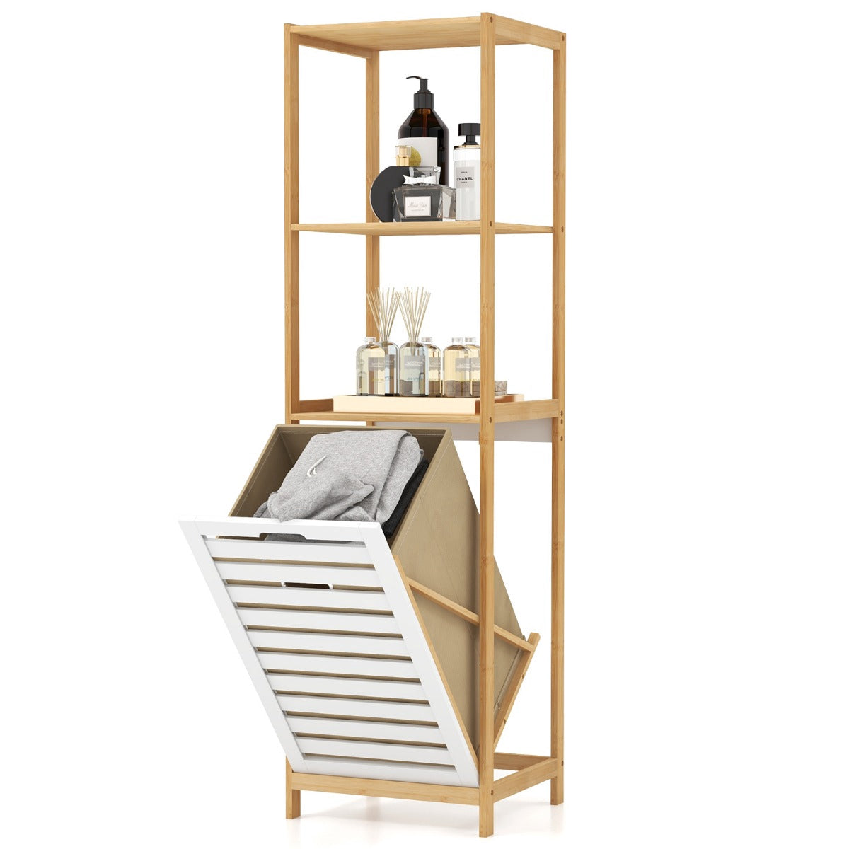 4-Tier Bamboo Bathroom Shelf with Tilt Laundry Basket