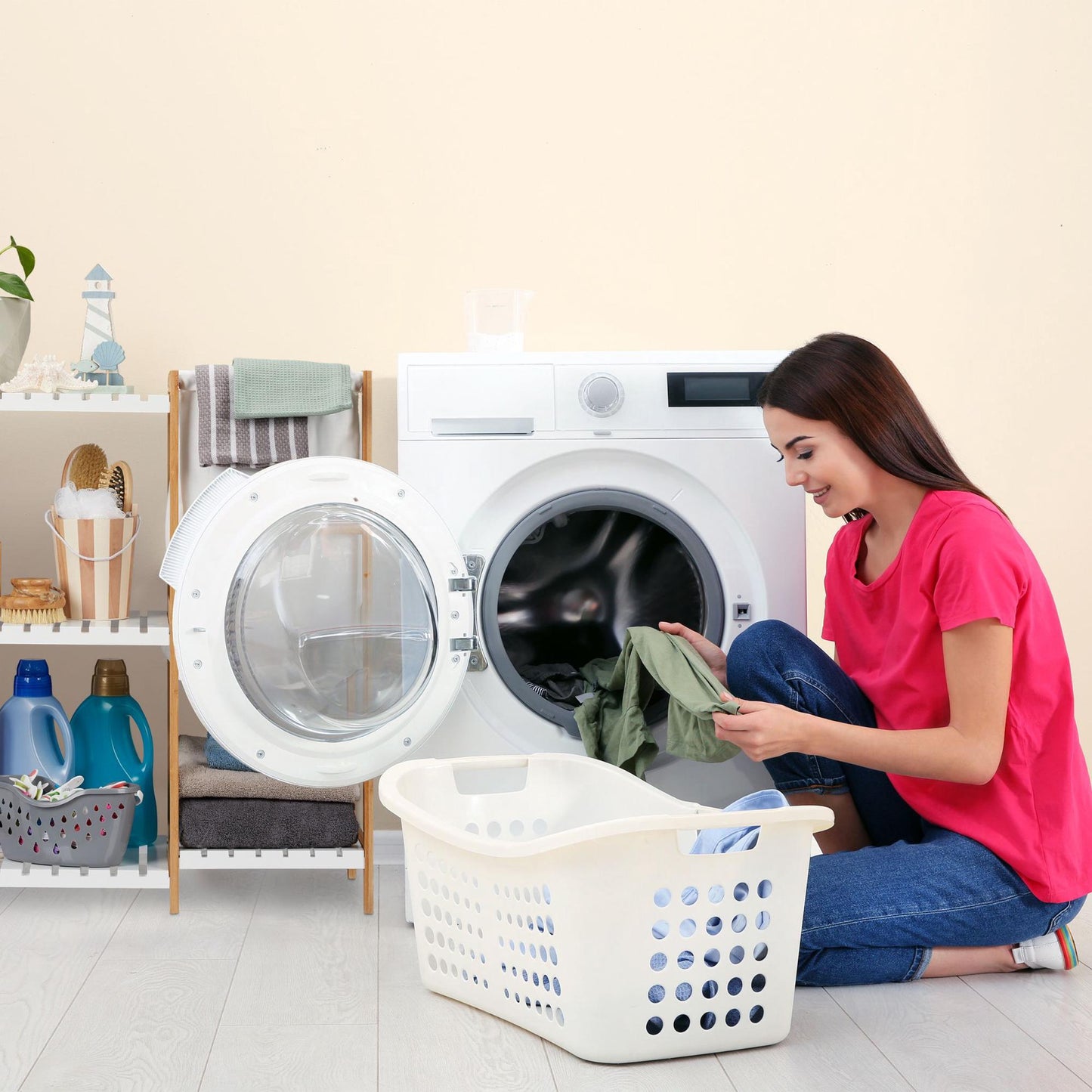 4 Tier Bathroom Shelving And Laundry Bin