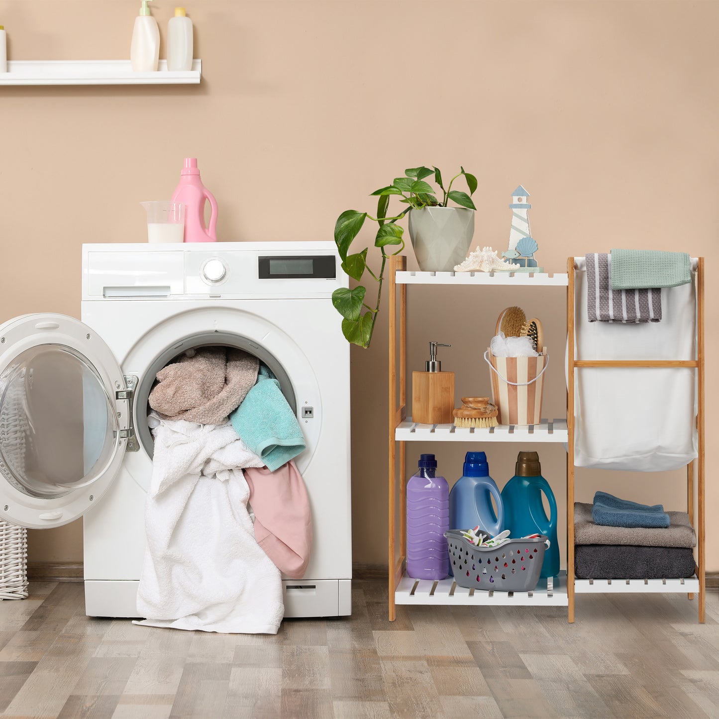 4 Tier Bathroom Shelving And Laundry Bin