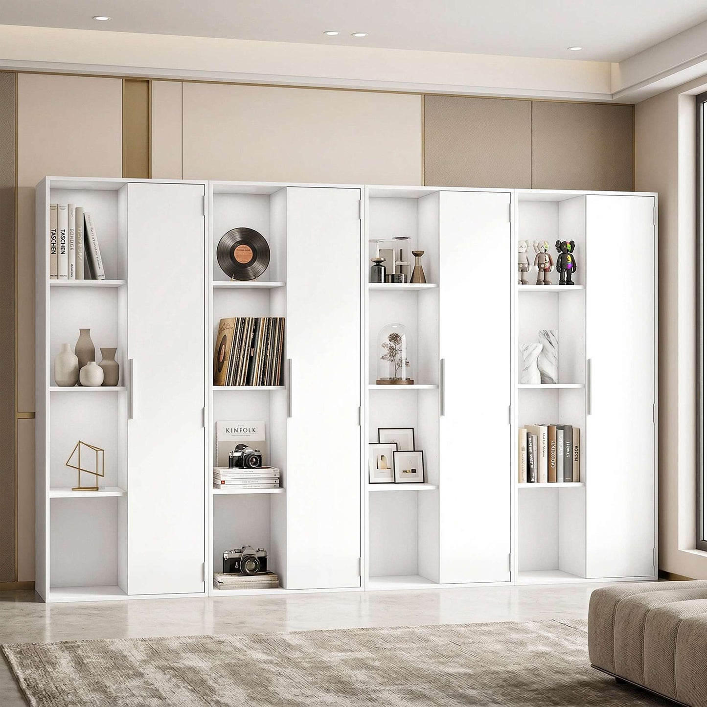 4-Tier Bookshelf with Adjustable Shelves and Cabinet, White