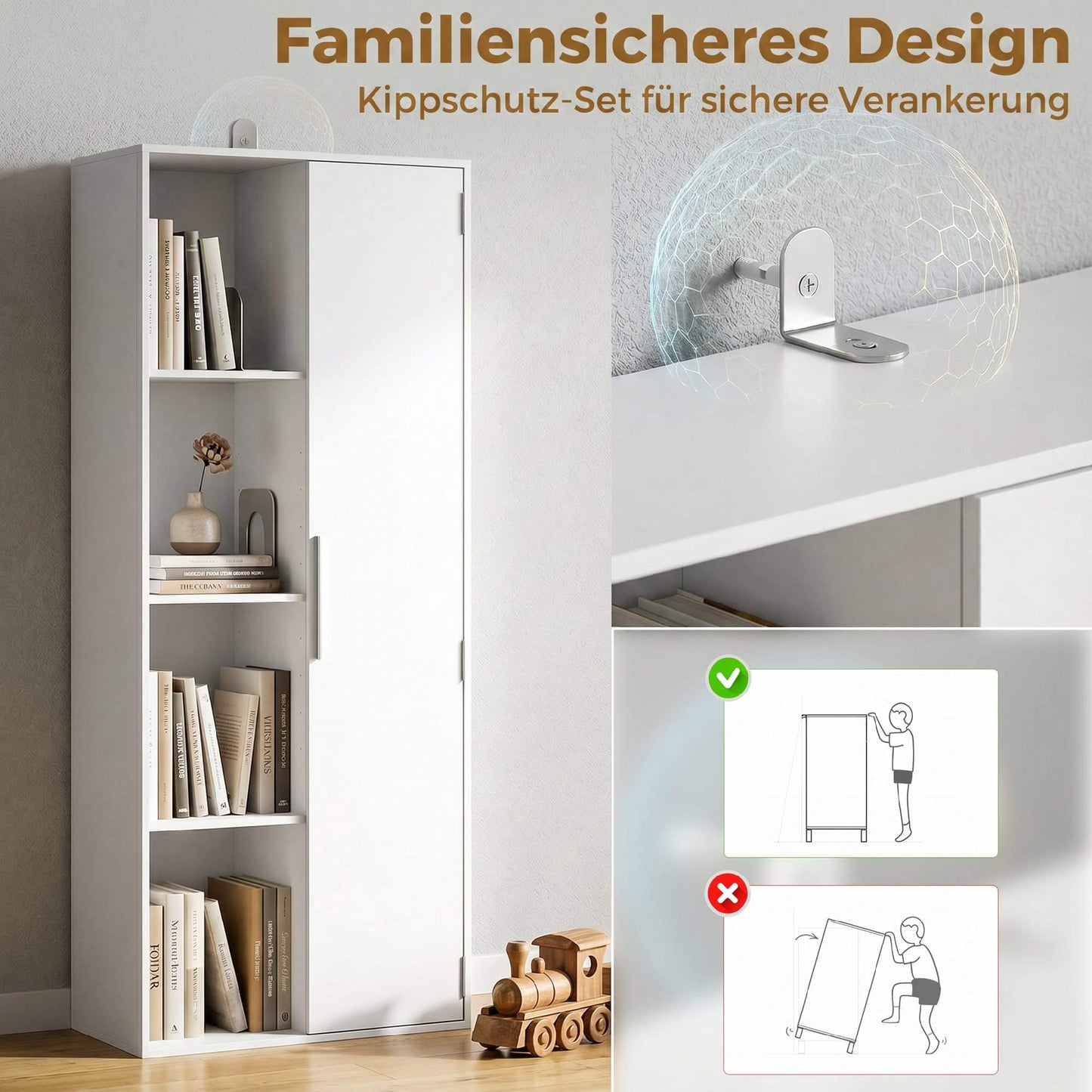 4-Tier Bookshelf with Adjustable Shelves and Cabinet, White