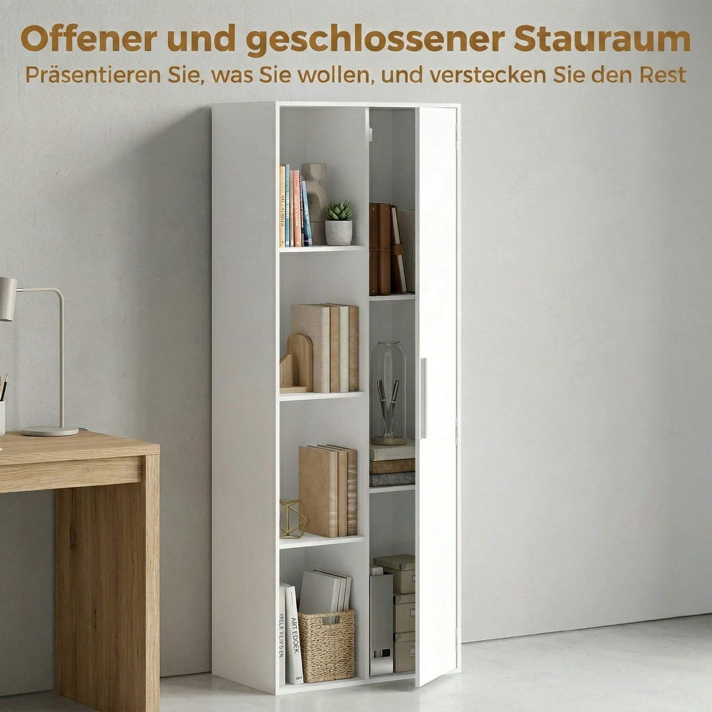 4-Tier Bookshelf with Adjustable Shelves and Cabinet, White