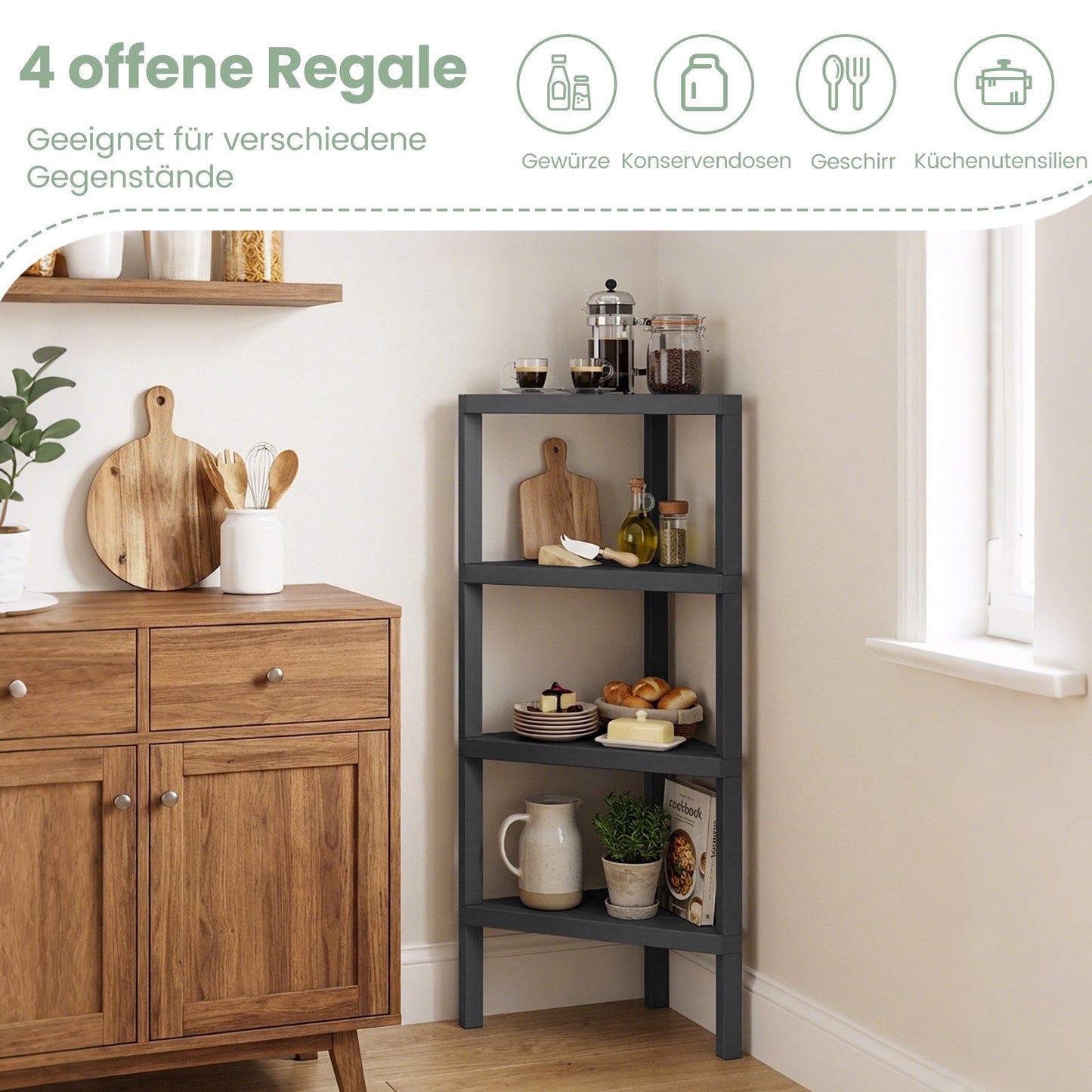 4-Tier Corner Bookshelf with Open Slatted Shelves, Black