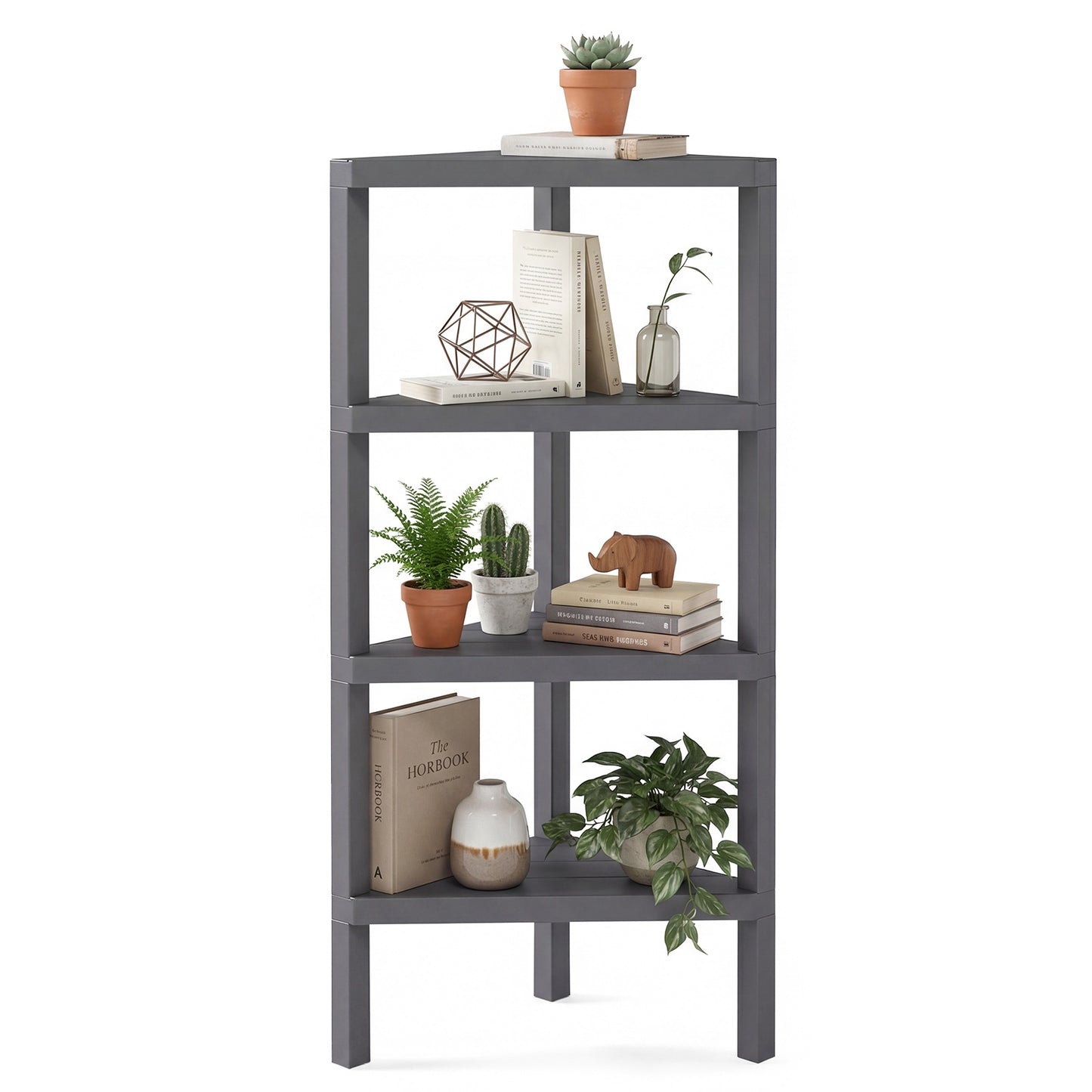4-Tier Corner Bookshelf with Open Slatted Shelves, Grey