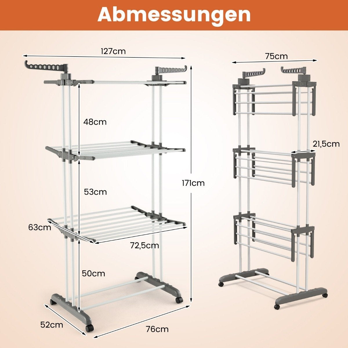 4-Tier Foldable Clothes Drying Rack with Wheels, Grey