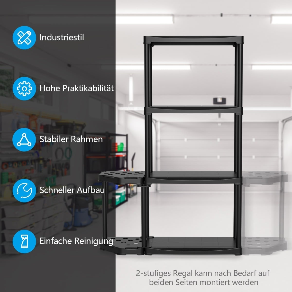 4-Tier Garage Shelf with Tool Organizer, Black, 176 lbs Capacity