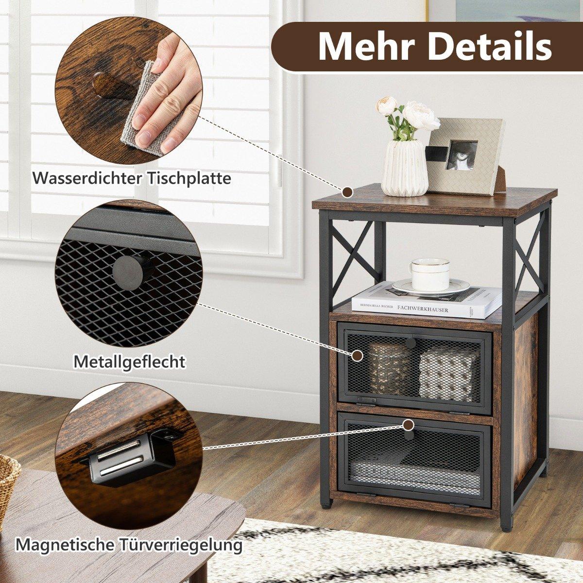 4-Tier Industrial Side Table with 2 Foldable Drawers, 60.5x40x35 cm