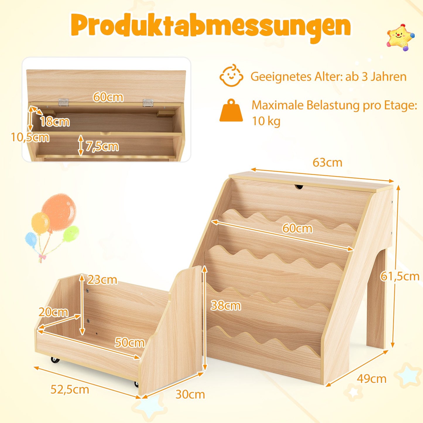4-Tier Kids Bookshelf with Drawer & Wheels, Natural MDF