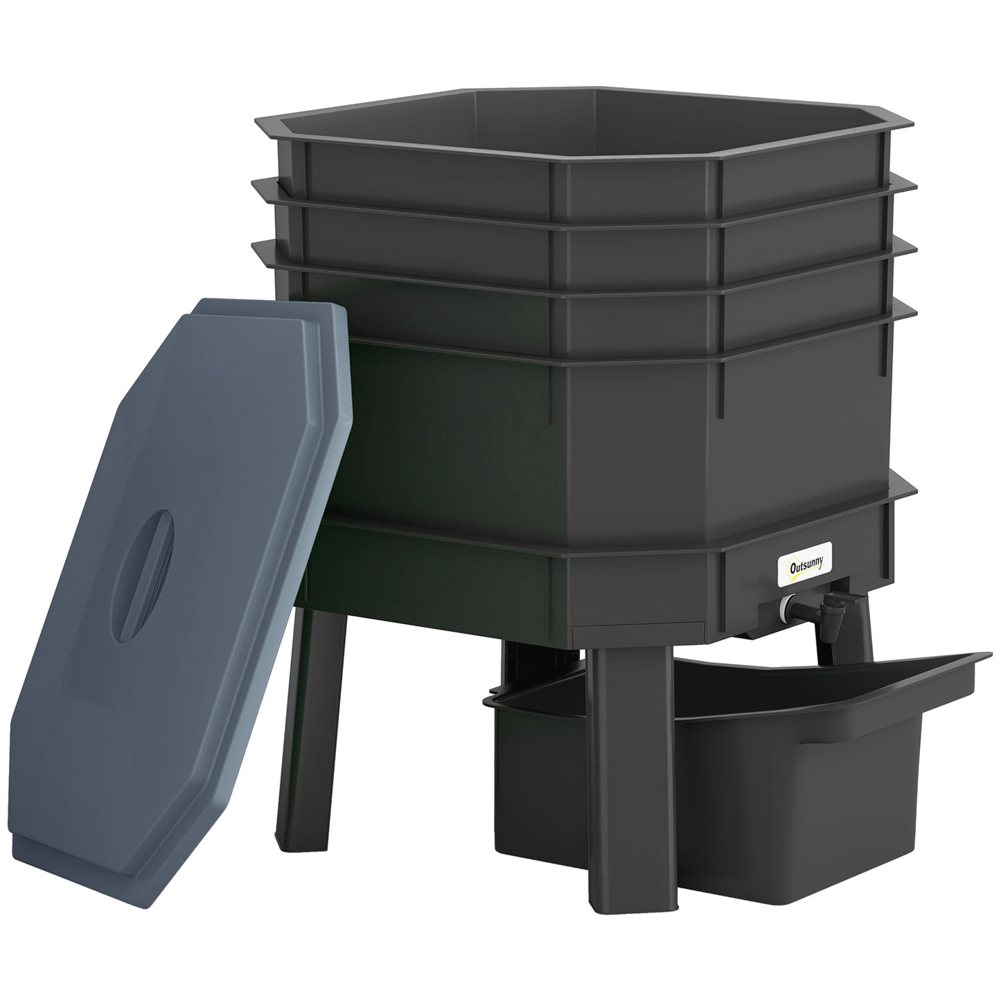 4-Tier Kitchen Compost Bin – Dark Grey, Plastic, 39x39x51.5 cm
