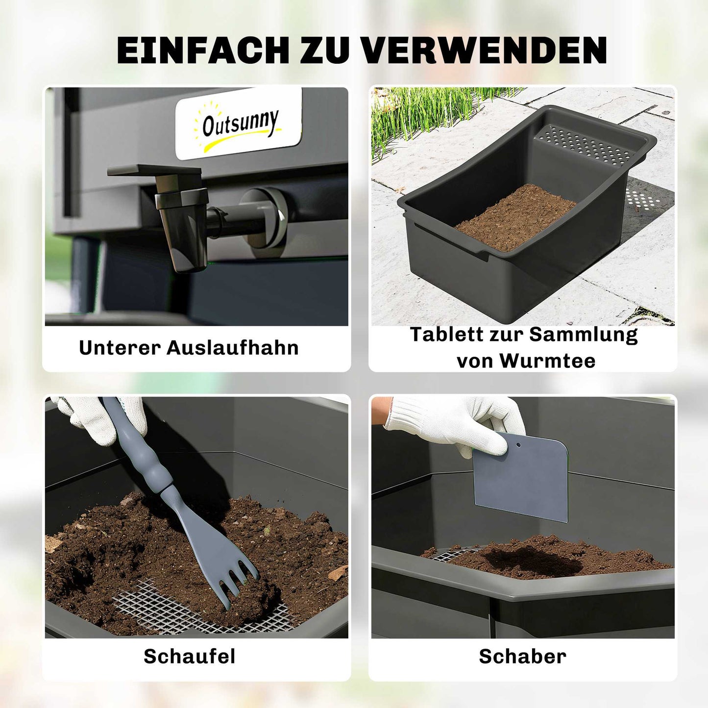 4-Tier Kitchen Compost Bin – Dark Grey, Plastic, 39x39x51.5 cm
