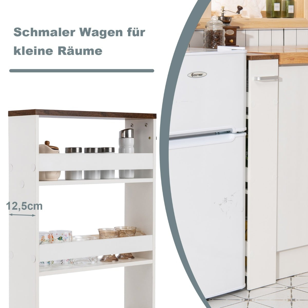 4-Tier Rolling Kitchen Cart with Handle, 48x12.5x81 cm, White