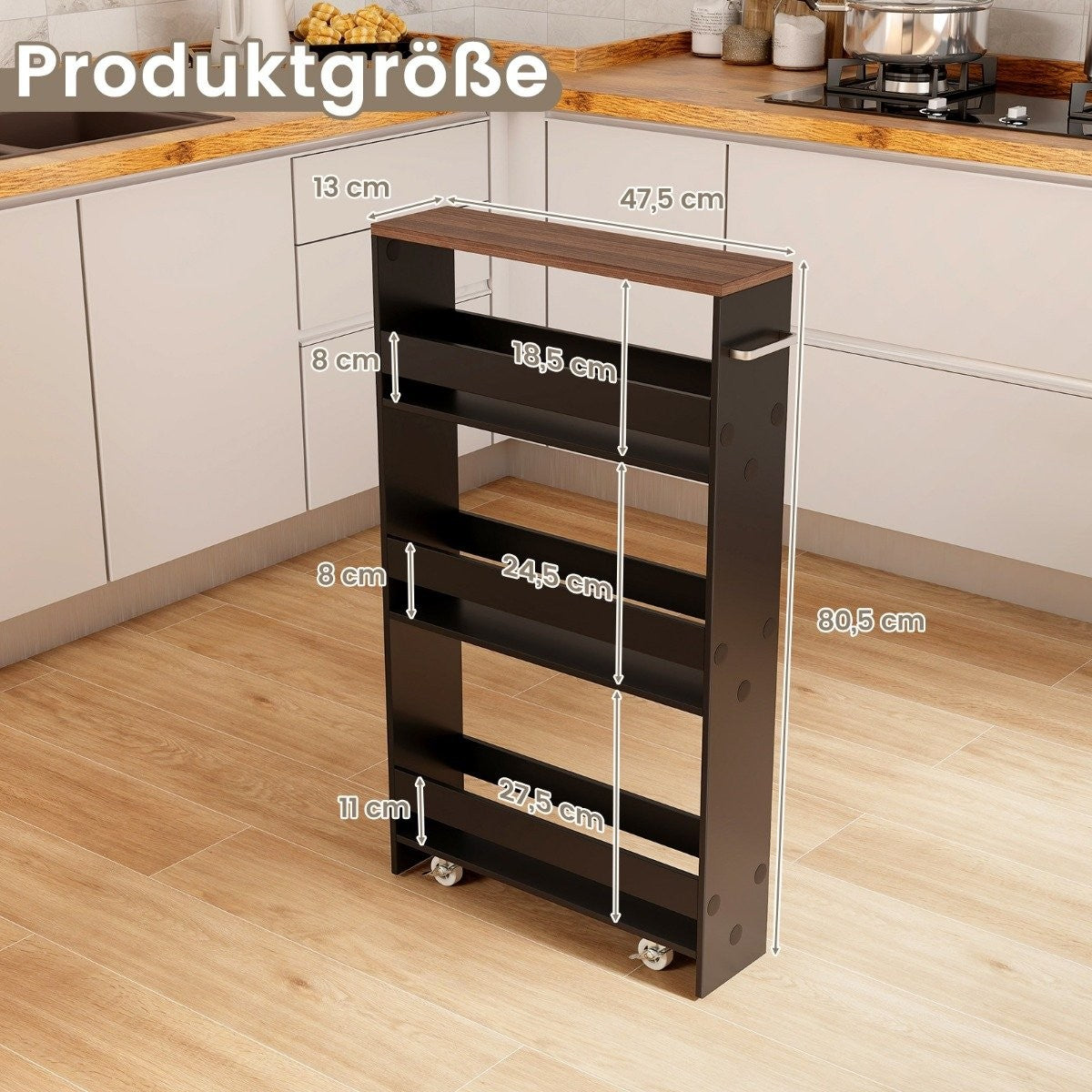 4-Tier Rolling Kitchen Cart with Handle, Black & Brown