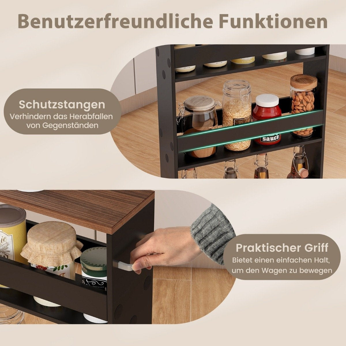 4-Tier Rolling Kitchen Cart with Handle, Black & Brown