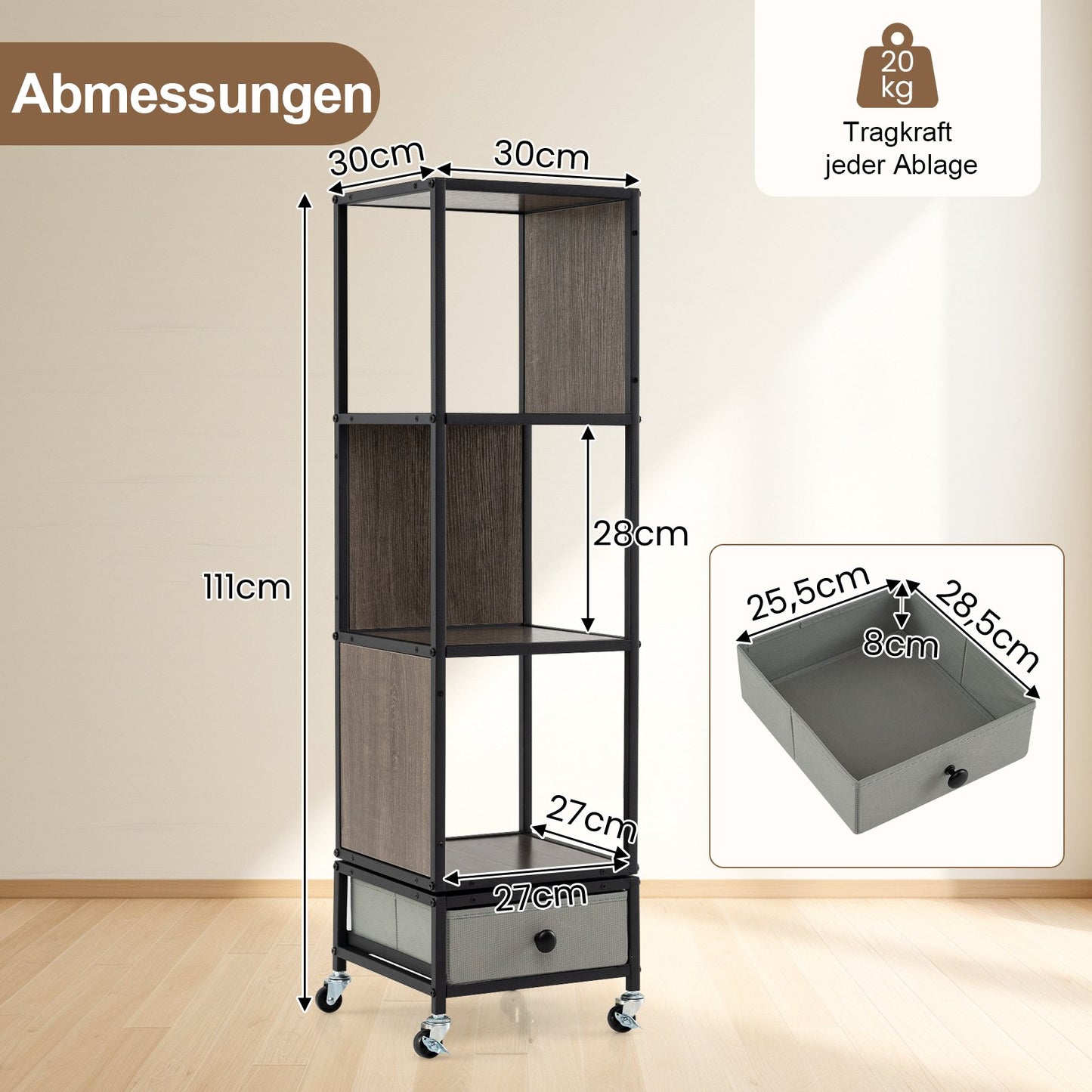 4-Tier Rotating Bookshelf with Wheels and Drawer, Gray