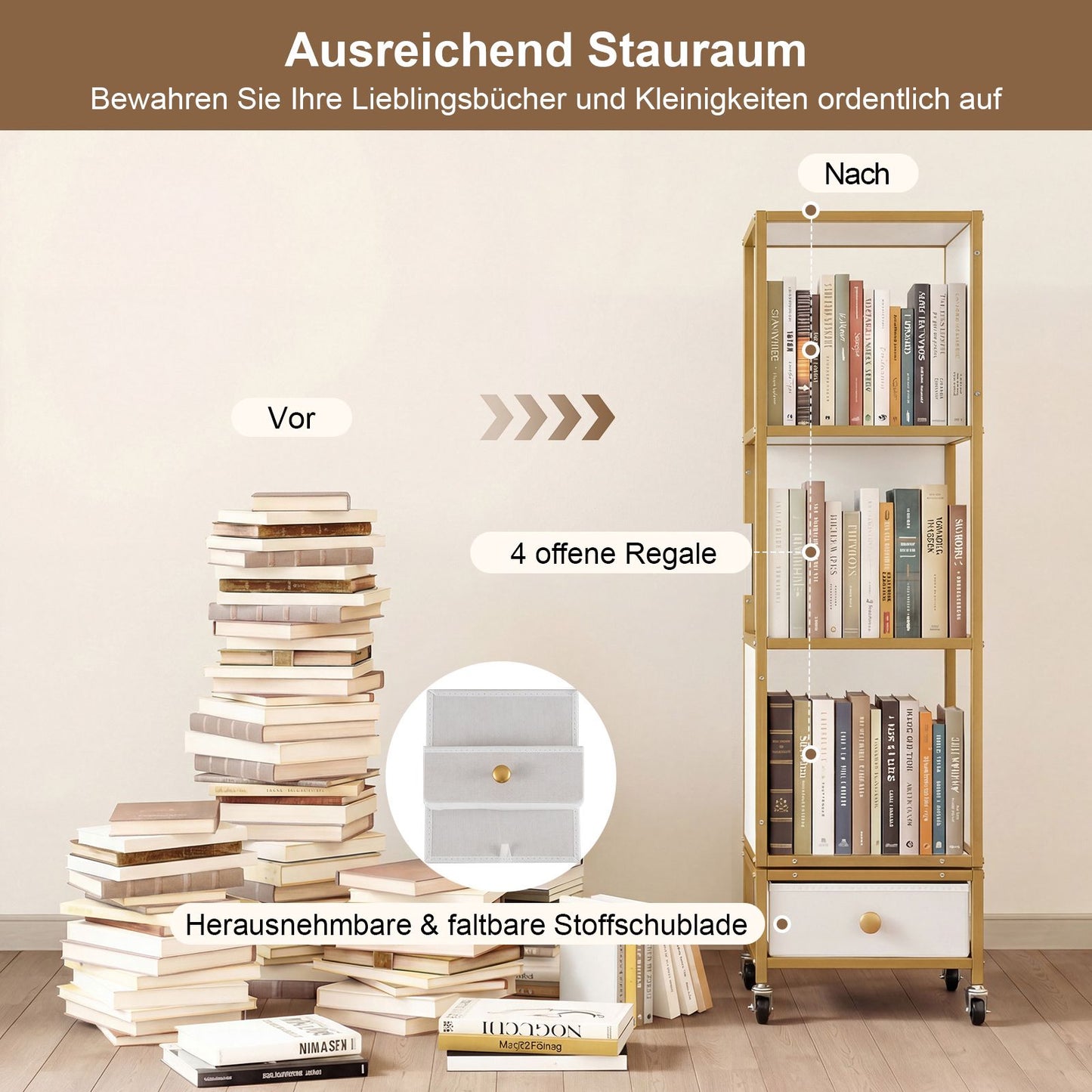 4-Tier Rotating Bookshelf with Wheels and Fabric Drawer