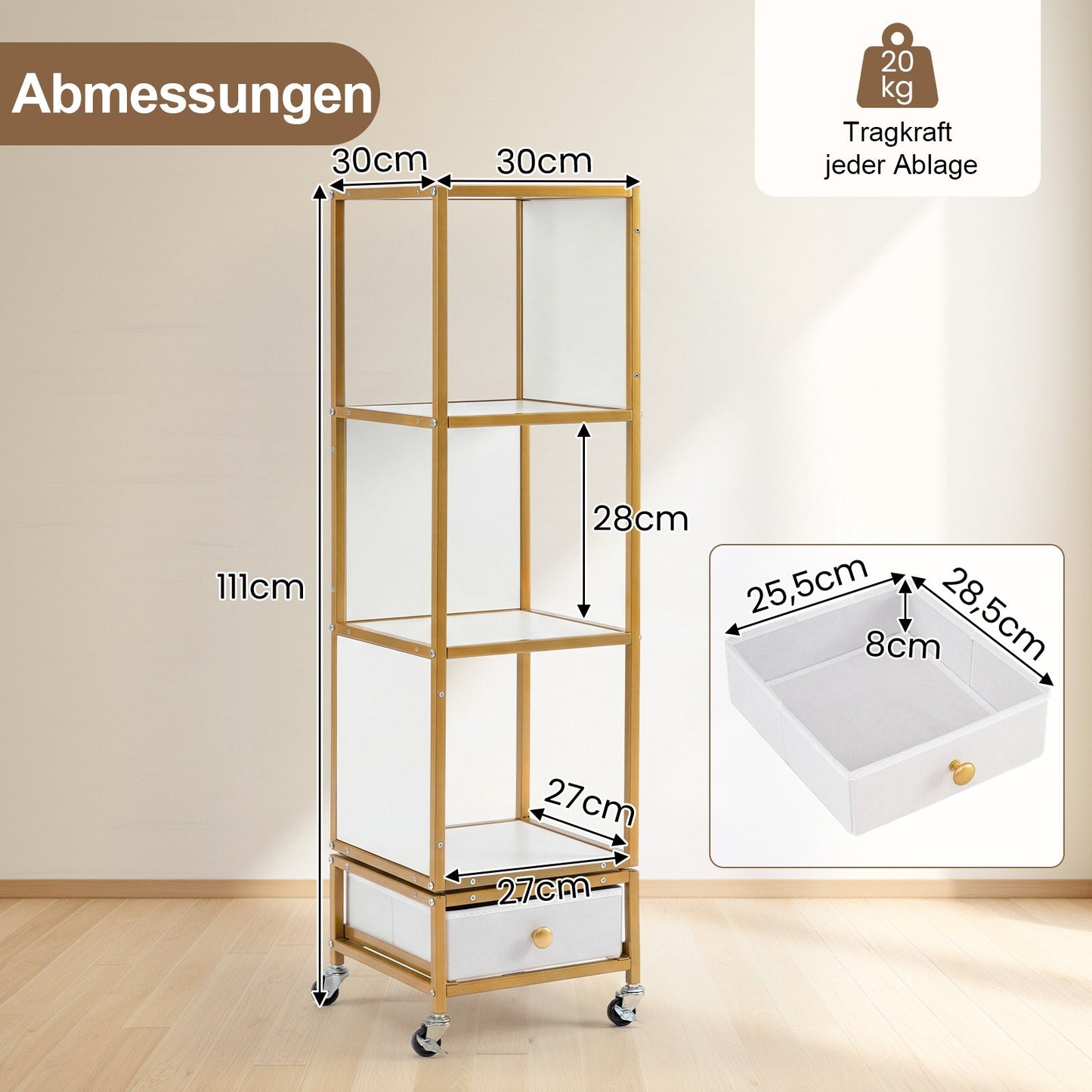 4-Tier Rotating Bookshelf with Wheels and Fabric Drawer