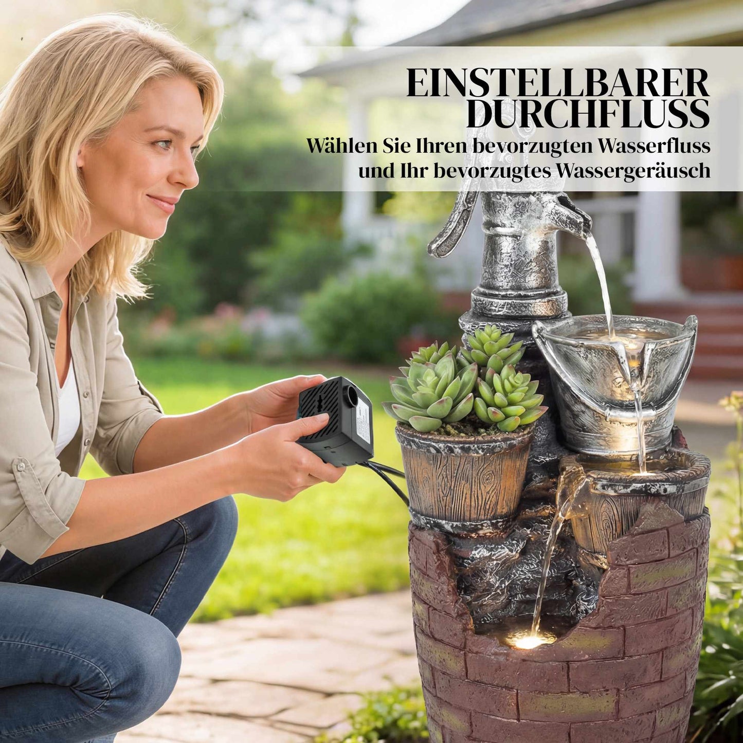 4-Tier Rustic Garden Fountain with LED Lights and Planter