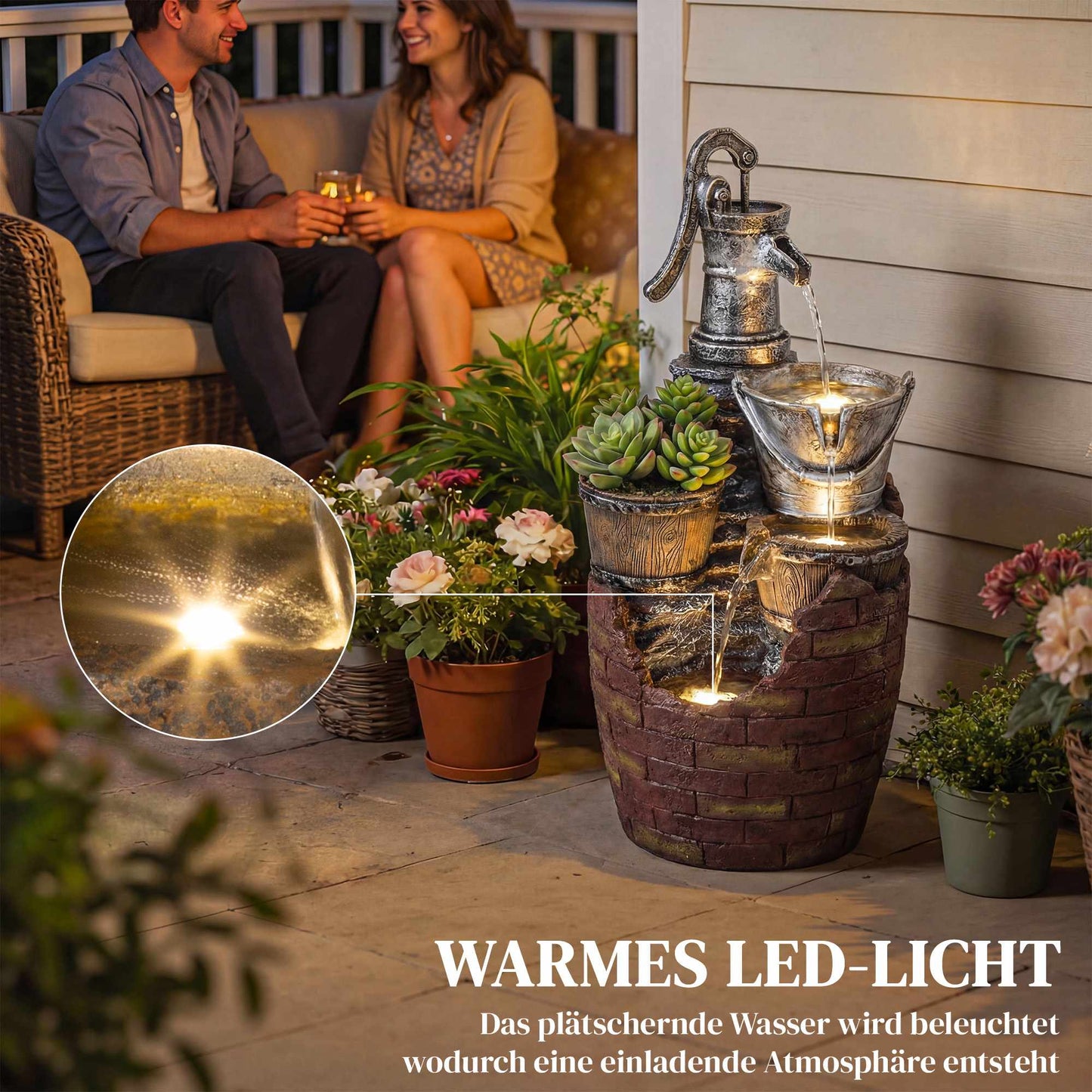 4-Tier Rustic Garden Fountain with LED Lights and Planter