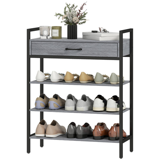 4-Tier Shoe Rack with Drawer, Holds 9 Pairs, Gray