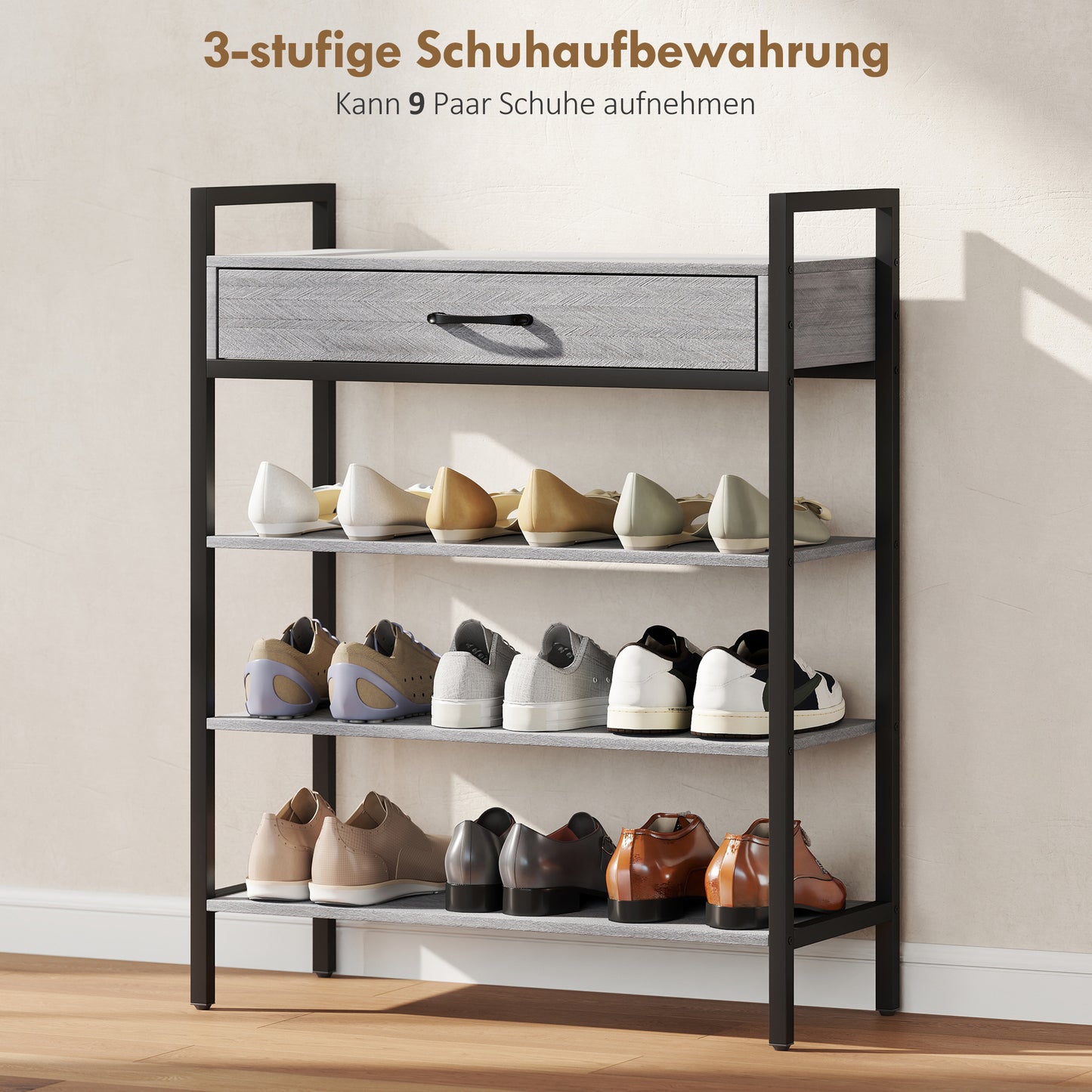 4-Tier Shoe Rack with Drawer, Holds 9 Pairs, Gray