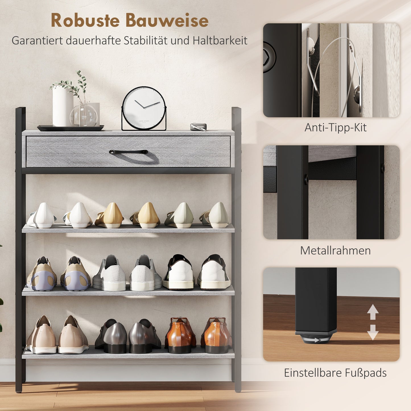 4-Tier Shoe Rack with Drawer, Holds 9 Pairs, Gray