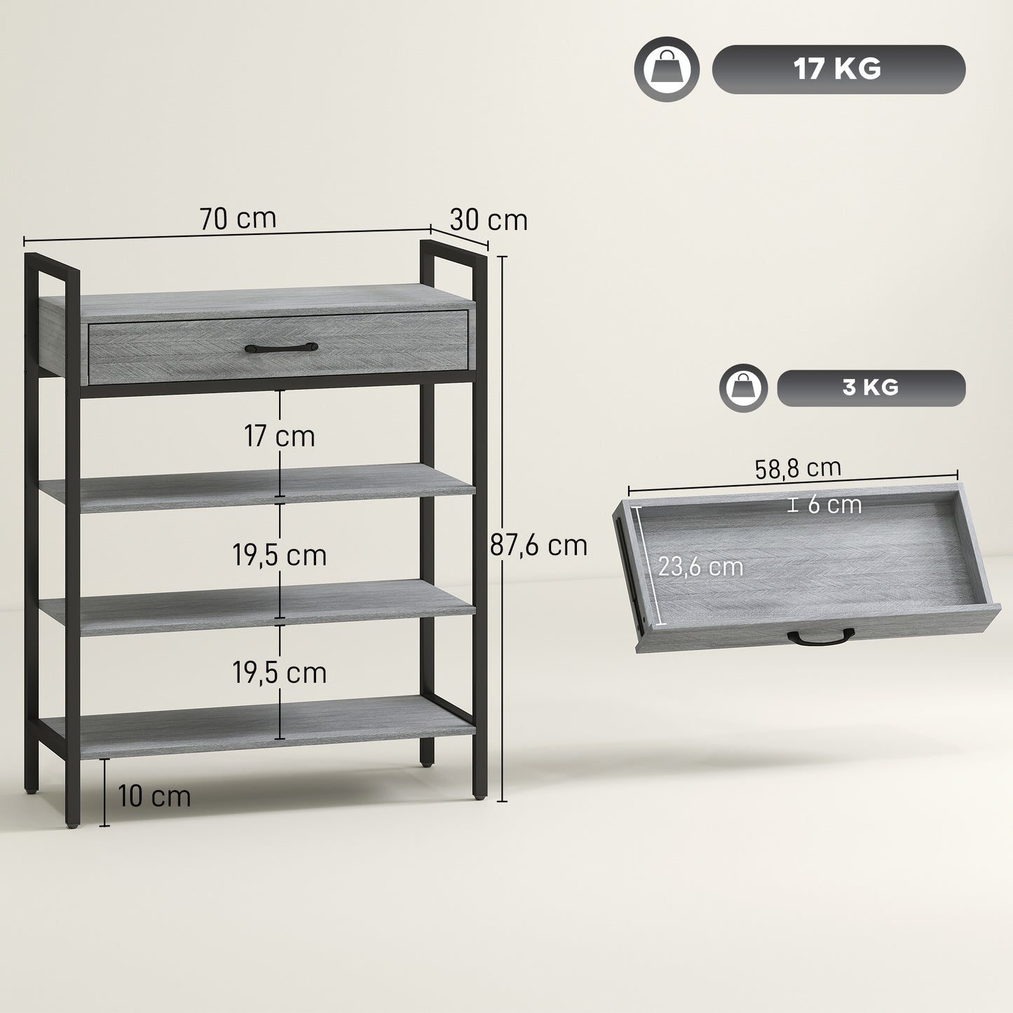 4-Tier Shoe Rack with Drawer, Holds 9 Pairs, Gray