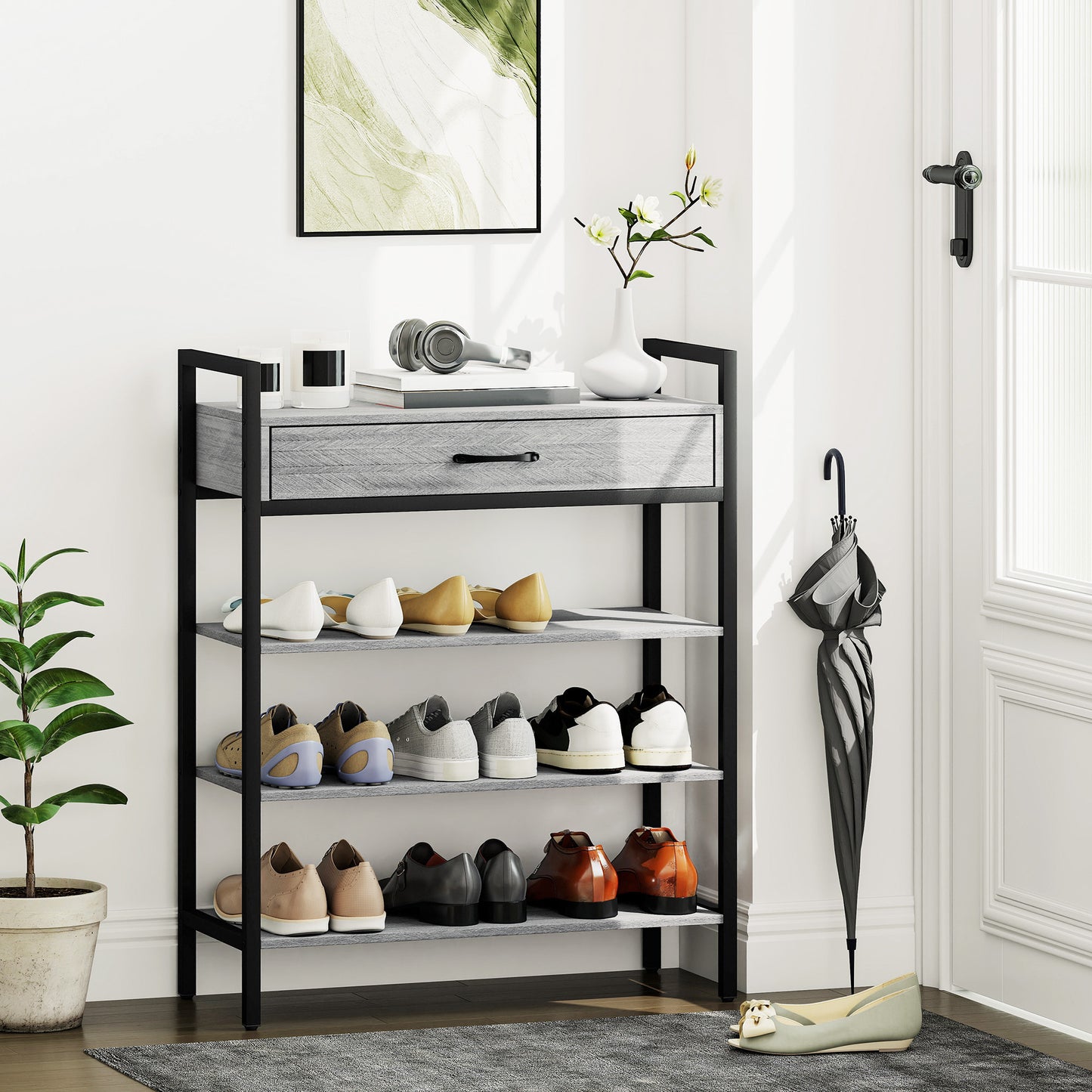4-Tier Shoe Rack with Drawer, Holds 9 Pairs, Gray