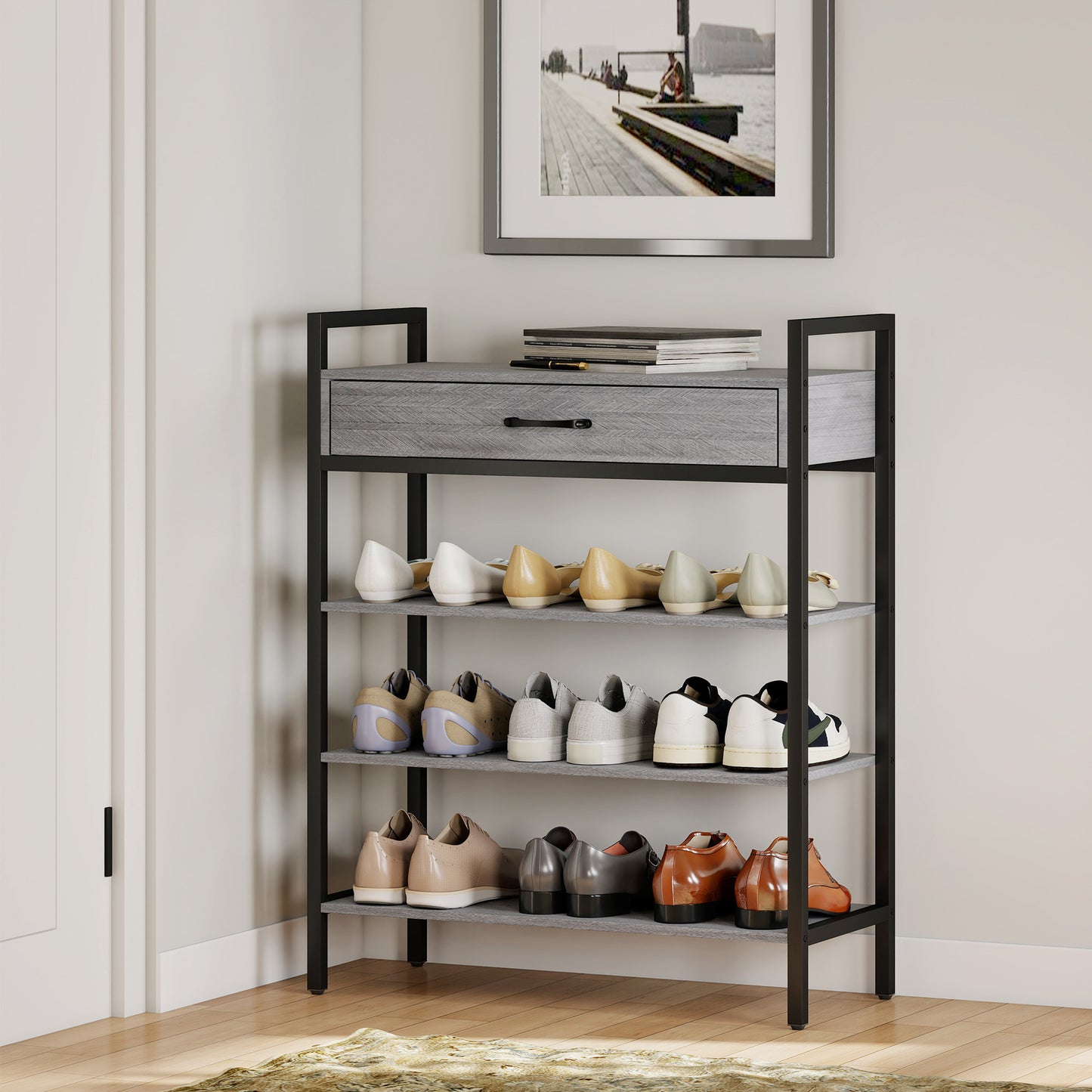 4-Tier Shoe Rack with Drawer, Holds 9 Pairs, Gray