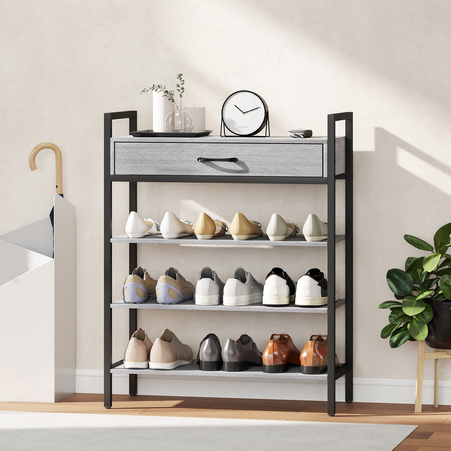 4-Tier Shoe Rack with Drawer, Holds 9 Pairs, Gray
